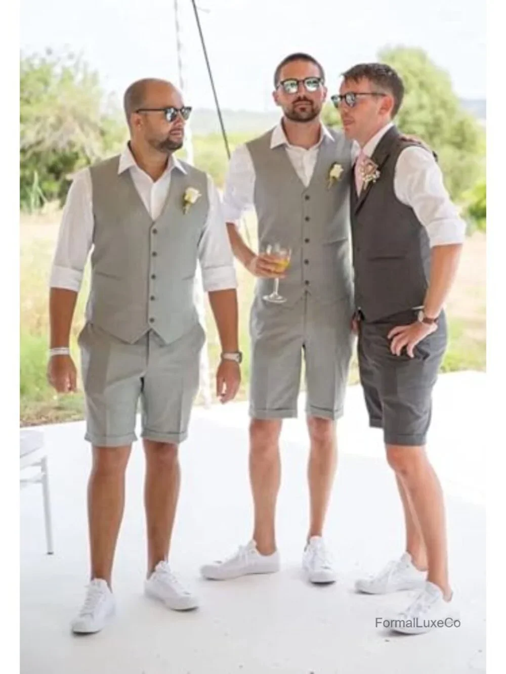 Men's Linen 2 Piece Short Suit Slim Fit Vest & Short Set Wedding Summer Groom